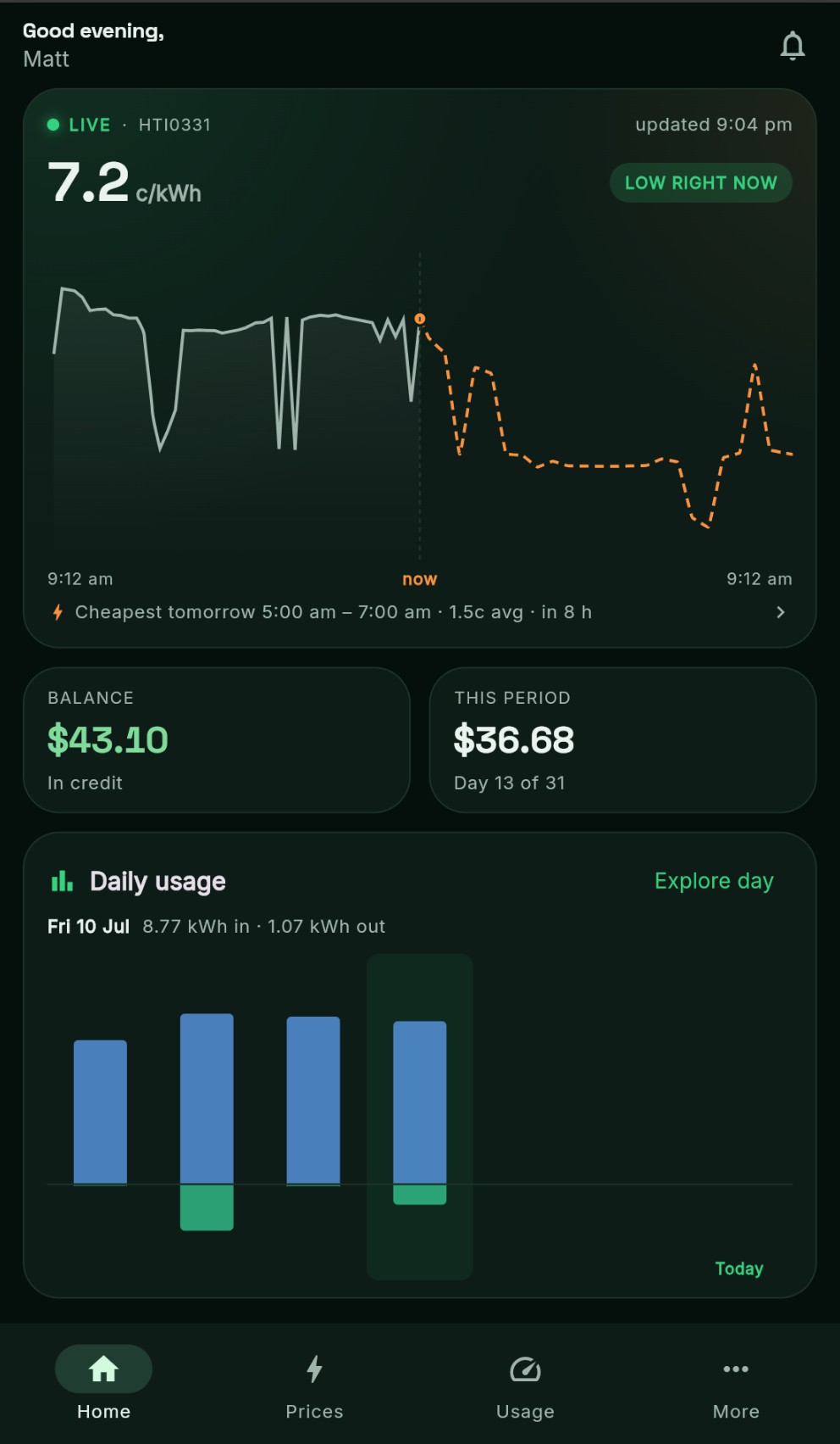 Ecosmart app home screen in dark mode: live spot price of 7.2 cents per kilowatt-hour, a chart of the last 12 hours of prices and the next 12 hours of forecast with the cheapest upcoming window, account balance in credit, and daily import and export usage