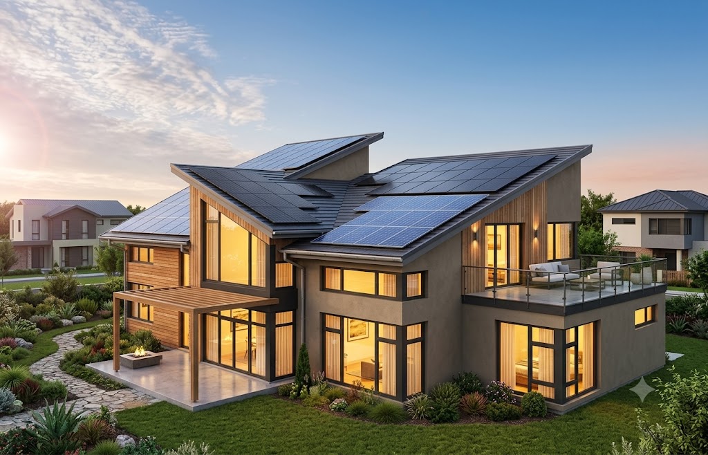 Modern New Zealand home with rooftop solar panels at sunset